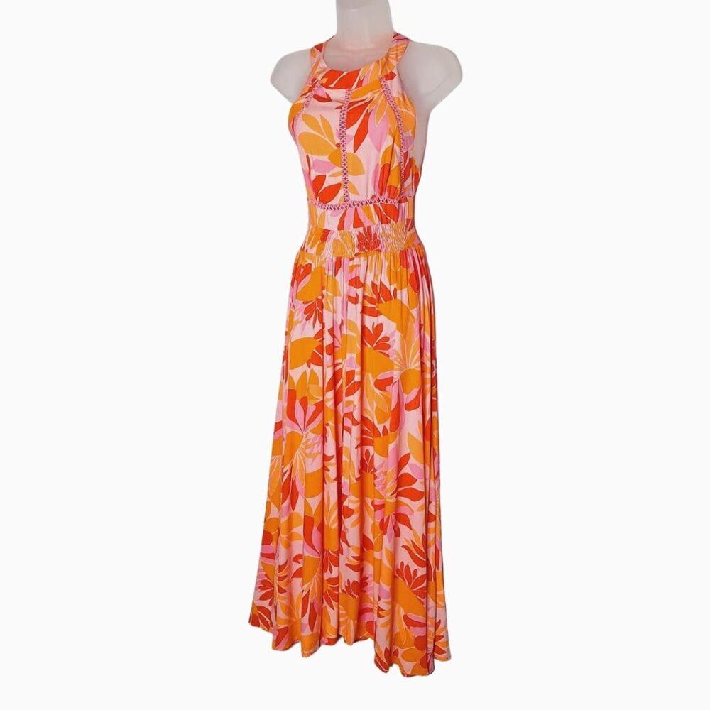 Floral Halter Maxi Dress - Pink and Orange